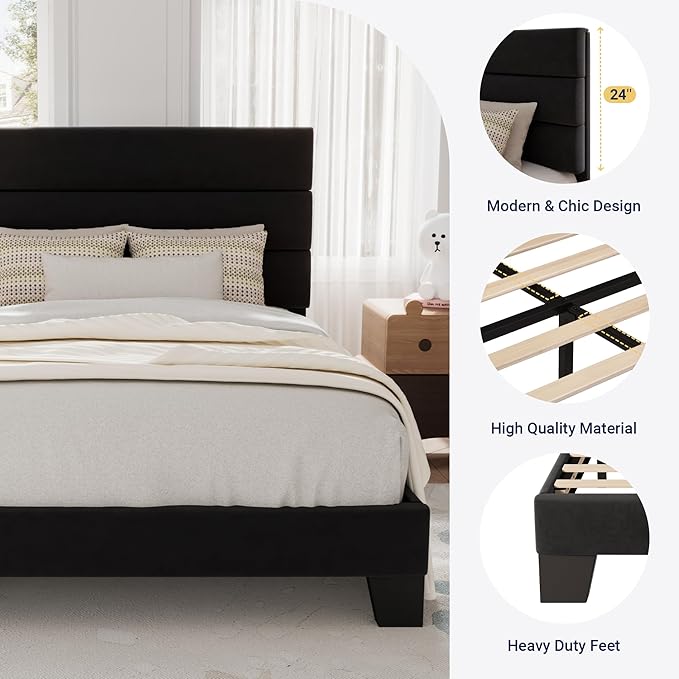 Allewie Twin Size Platform Bed Frame with Velvet Upholstered Headboard and Wooden Slats Support, Fully Upholstered Mattress Foundation/No Box Spring Needed/Easy Assembly, Black