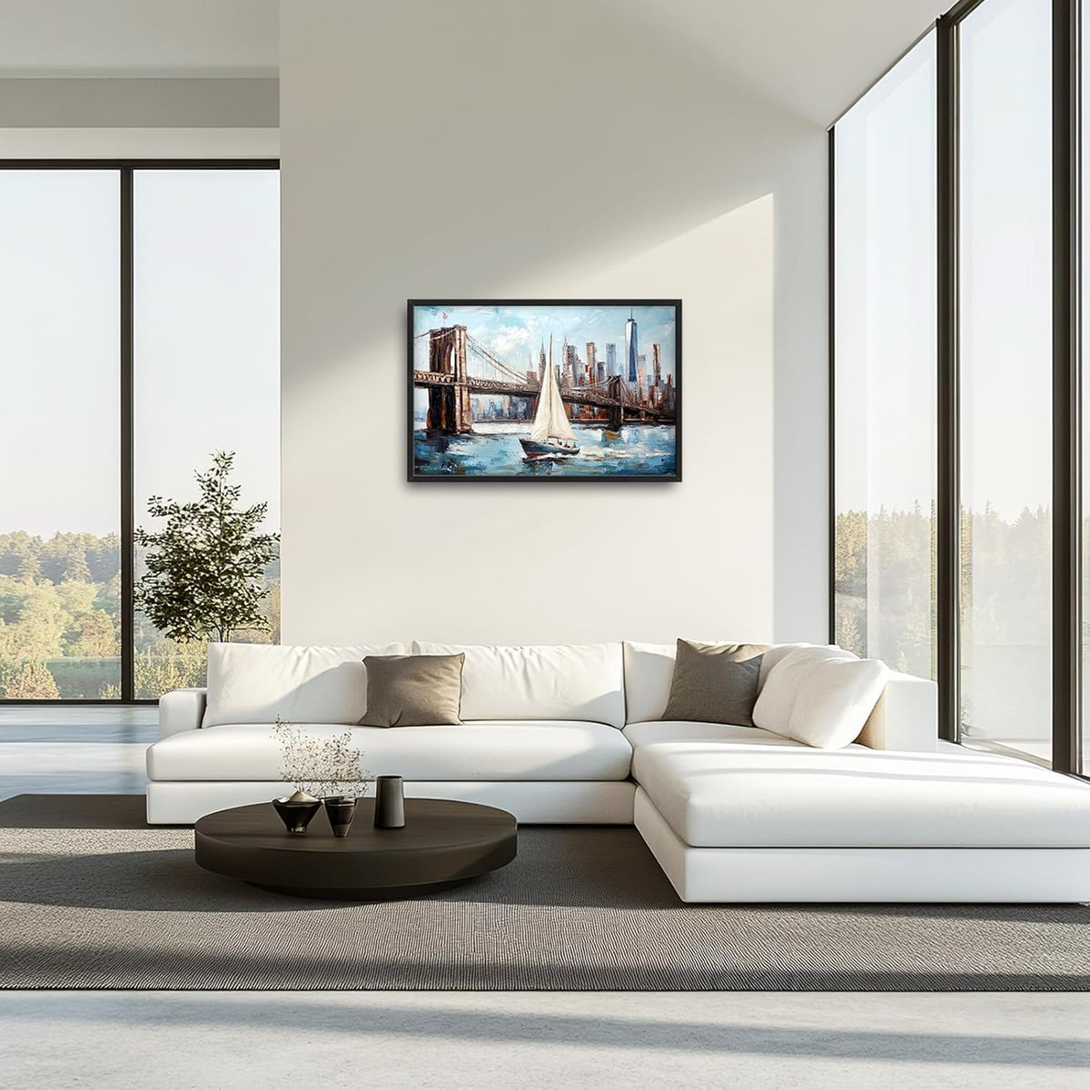 Extra Large Sailboat Framed Wall Art for Living Room,Oversized New York Brooklyn Bridge Pictures Wall Decor,Cityscape Canvas Print Painting Modern Artwork Bedroom Office Bathroom 36L" x 24W"