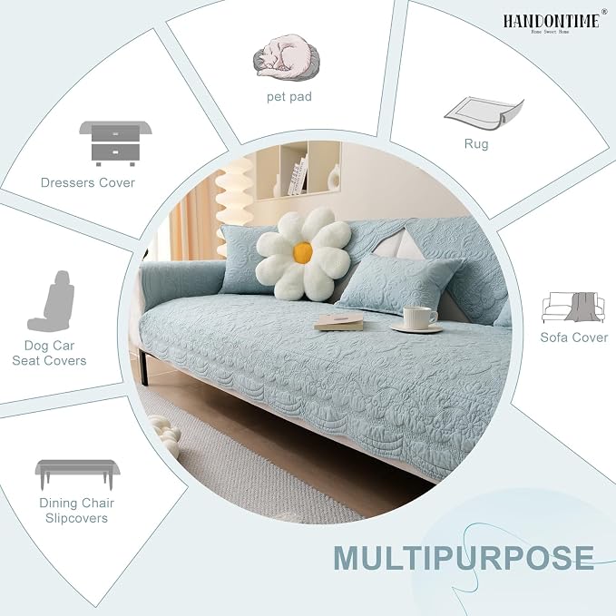 HANDONTIME Pet Protector Furniture Covers - Cotton Couch Cushion Covers, Embroidery Jacquard Dog Couch Cover Sofa Cover for Dogs, Soft Pet Friendly Sofa Protector Washable (Misty Blue, 35.4" x 63")
