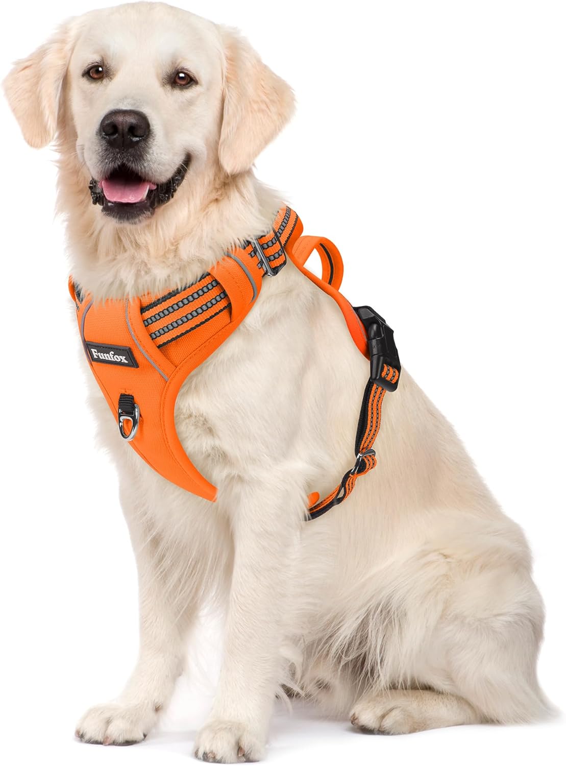 Funfox Dog Harness No Pull, Adjustable Pet Vest Harness, Super Soft Material with Vertical Handle Easy Control, Reflective Night Walking, 2 Leash Clips for Large Dogs, Orange, L