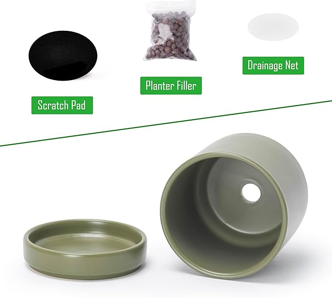 D'vine Dev Set of 2 Plants Pots, 4.7 Inch Ceramic Planter Pot for Plants with Drainage Hole and Saucer, Olive, 94-V-B-J