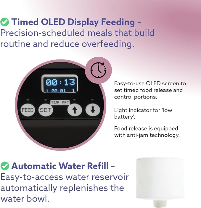 Feeding Friend® Automatic Dog & Cat Food Feeder with Water Dispenser Smart Pet Feeder with Portion Control, OLED Display, Anti Jam Design, Battery Operated Dispenser for Small XS 4-15 lbs Pets Black
