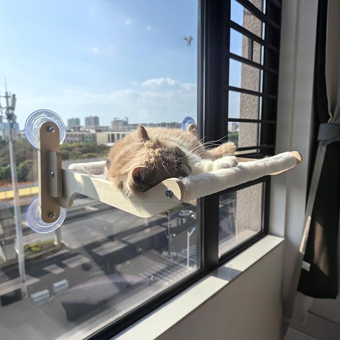 Cat Window Perch Hammock Bed - Foldable Hardwood Frame, No-Drill with Strong Suction Cups, Plush Faux Rabbit Fur for Large Cats up to 50lbs