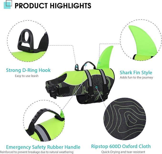 Shark Dog Life Vest for Swimming, Pet Life Vests for Boating, High Buoyant DogLife Jacket, Ripstop High Flotation Swimsui for Small, Medium, Large Dogs (Greenblack,S)