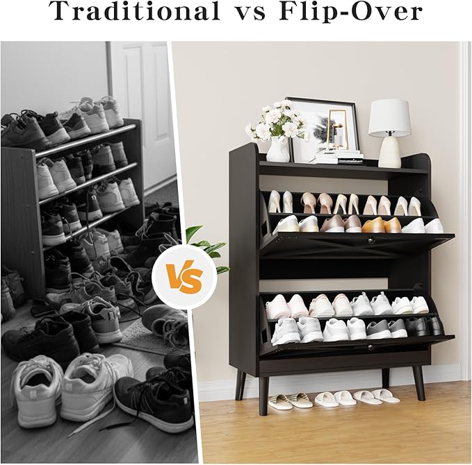 Shoe Storage Cabinet with 2 Flip Drawers & Adjustable Shelves, Freestanding