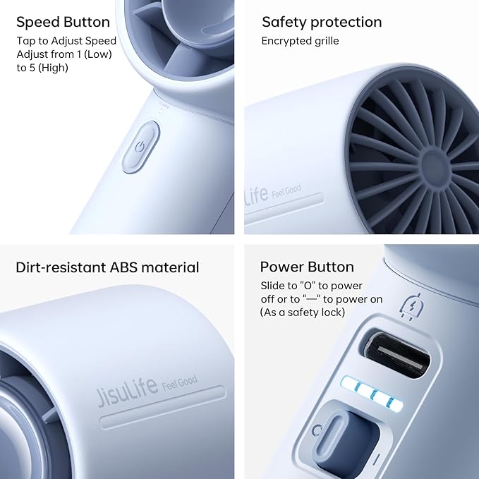 JISULIFE Portable Handheld Fan, 4000mAh Rechargeable Mini, 5 Speed Strong Wind