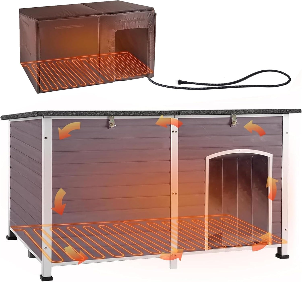 Aivituvin Dog House Insulated Outdoor Dog Kennel with Heated Liner for Winter 59" Extra Large Insulated Dog Cage with Heater,All-Around Iron Frame(Grey)