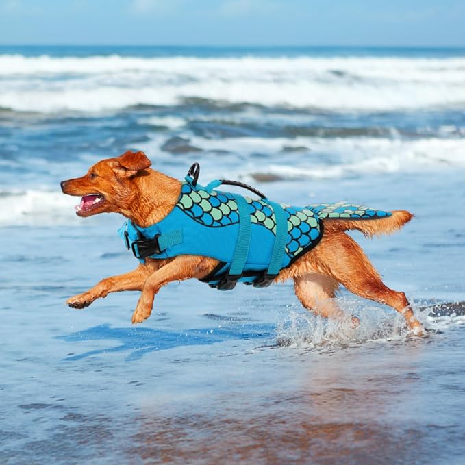 Mermaid Dog Life Jacket - Lightweight Dog Swimming Vest, High Buoyant, Blue, XL