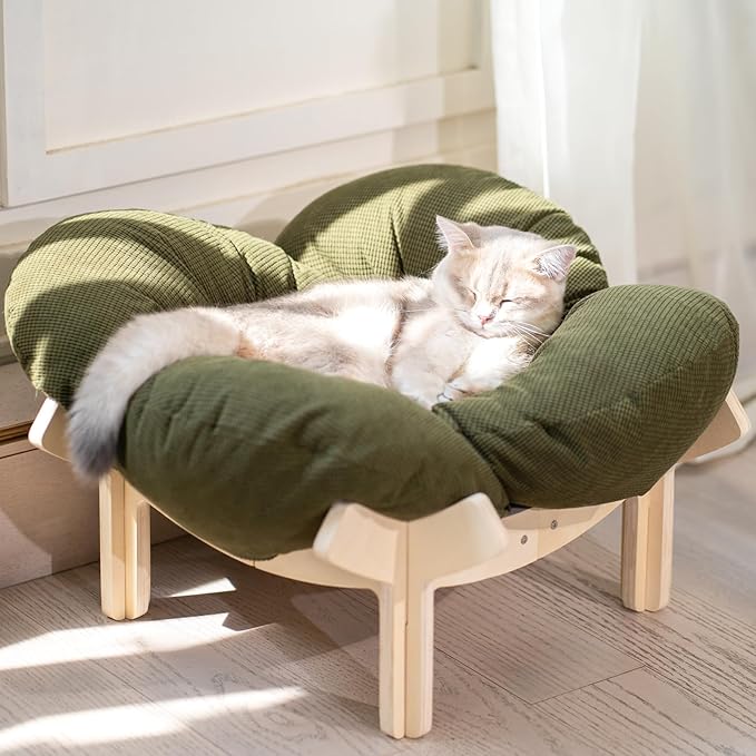 CHEERHOME PETS Elevated Cat Bed Wooden with Cushion Fluffy Pet Couch Sofa for Indoor Cats Raised Kitty Lounge Chair Suitable for Puppy, Cat Furniture(Green)