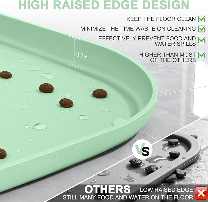SMILOOL Waterproof Silicone Pet Food Mat with Raised Edge for Dog & Cat | 19" x 12" Non-Slip Pet Feeding Mats with Lip for Food & Water Bowl, Food Grade, Easy Cleaning, Mint Green