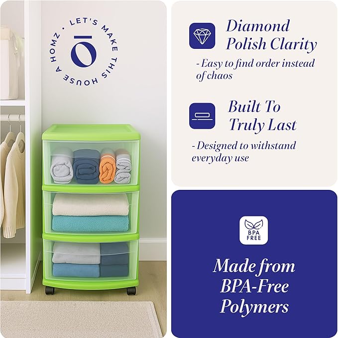HOMZ Drawer Tower, 3-Tier Clear Plastic Storage Organizer Cart, Bold Lime Frame
