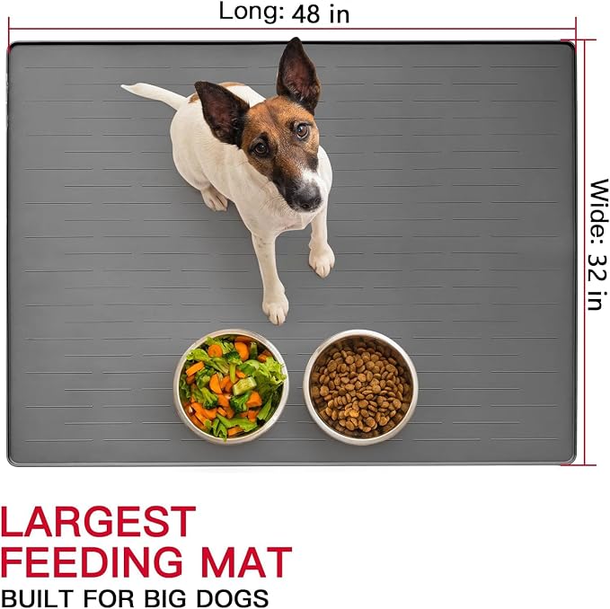 48" x 32" XXXL Largest Pet Food Mat, Silicone Dog Mats for Food and Water, Nonslip Pet Feeding Mats for Floors,Dog Cat Bowl Mat with Raised Edges, Dark Gray