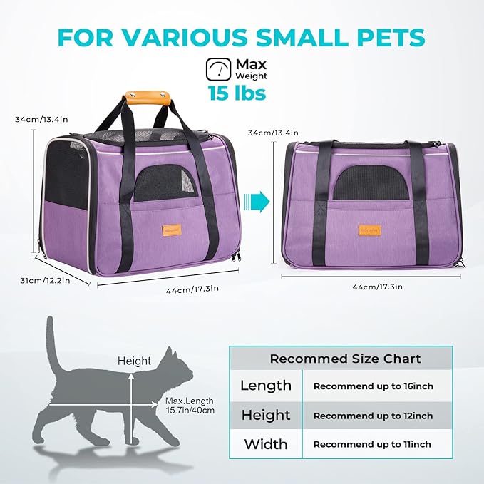 Morpilot Cat Carrier - Soft Sided Cat Carrier Large for Big Medium Cats and Puppy up to 18lbs, Pet Carrier with Safety Zippers, Foldable Bowl, Airline Approved Large Dog Carrier - Purple