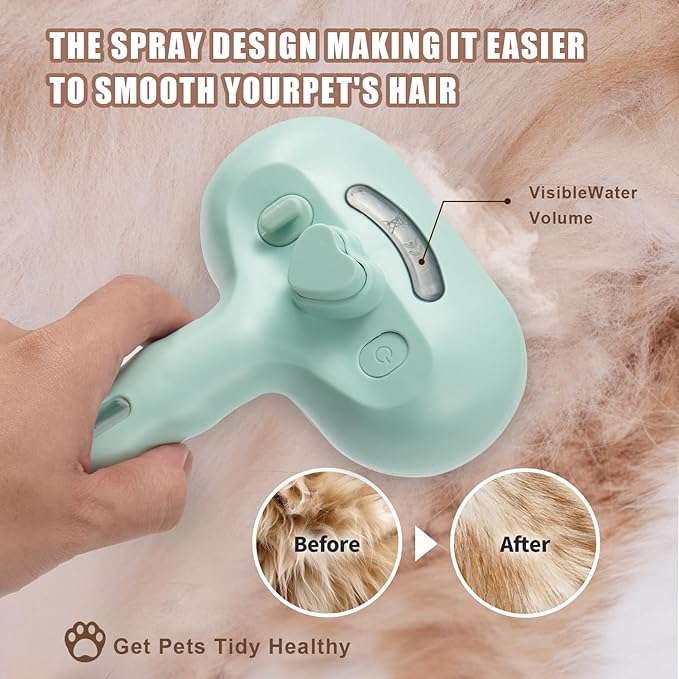 3-in-1 Pet Steam Brush, Grooming Comb with Water Tank for Cats and Dogs, Long and Short Hair (Green)