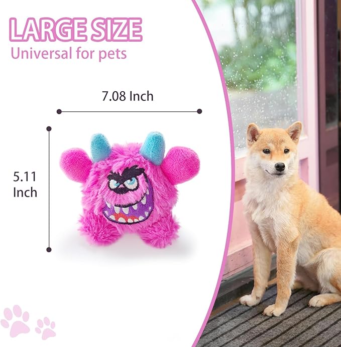 Squeaky Plush Ball Dog Toy, Little Monster Puppy Toys Suitable for All Breeds, Dental Care, Skin-Friendly and Soft and Durable (Rose Red, Large)