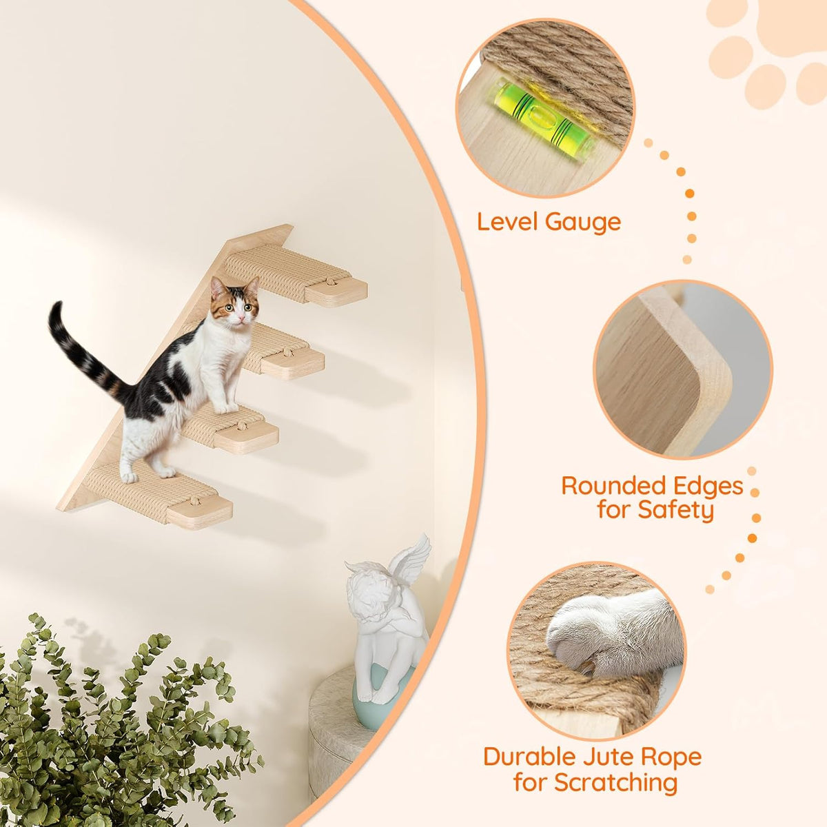HOOBRO Cat Wall Shelf Set of 2, Wall Mounted 4-Level Cat Steps with Jute Scratching Steps, Hammock Wall Mounted, Holds up to 40 lb, Cat Wall Furniture, for Playing, Natural NL41CS03