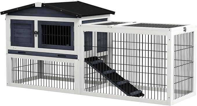 PawHut Rabbit Hutch Outdoor Indoor, 54" L Large Rabbit Cage with Waterproof Openable Roof, No-Leak Tray, Ramp, Run, for Bunnies, Guinea Pigs, Dark Gray