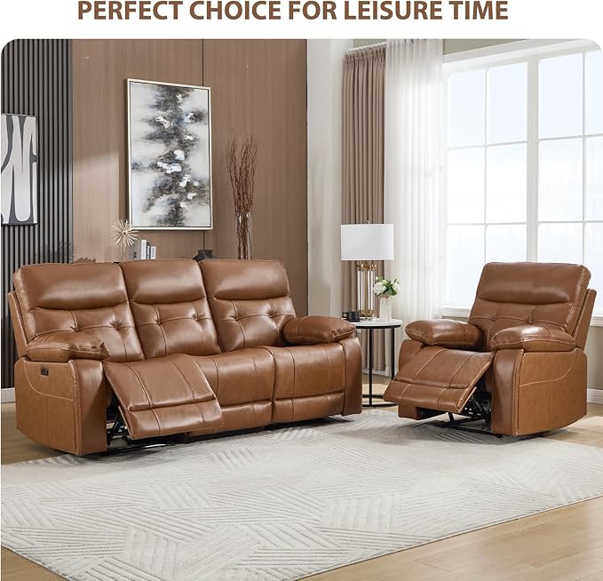 CANMOV Genuine Leather Power Recliner Sofa Set,Power Recliner Chair and Sofa Set, 2 Pieces Leather Couch with Storage Console, USB Ports, Cup Holders for Living Room,Brown