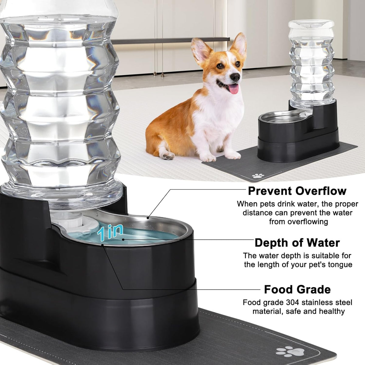RIZZARI Large Water Dispenser for Dogs: 8L Automatic Stainless Steel Black Gravity Raised Pet Feeder for Pet Dogs Indoor/Outdoor