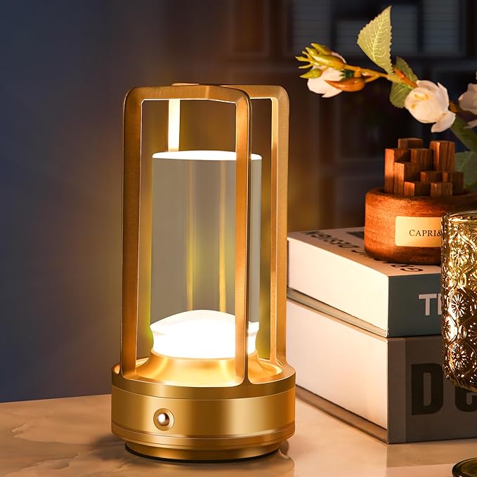 Portable Metal Table Lamp,Cordless Table Lamp, Rechargeable Battery Operated Lights, LED Table Lamps, 3 Color Stepless Dimming Touch, for Bedroom Restaurant Home Outdoor (Golden)