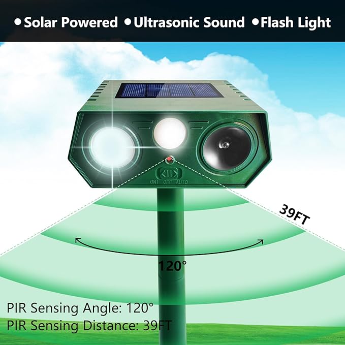 2 Pack 2025 Solar Ultrasonic Animal Repellent Outdoor, Cat Deterrent Deer Repeller with Motion Detection Flash Light for Dog Cat Deer Bird Rabbit Skunk Raccoon Coyote Woodpecker Squirrel, Safe for Pet