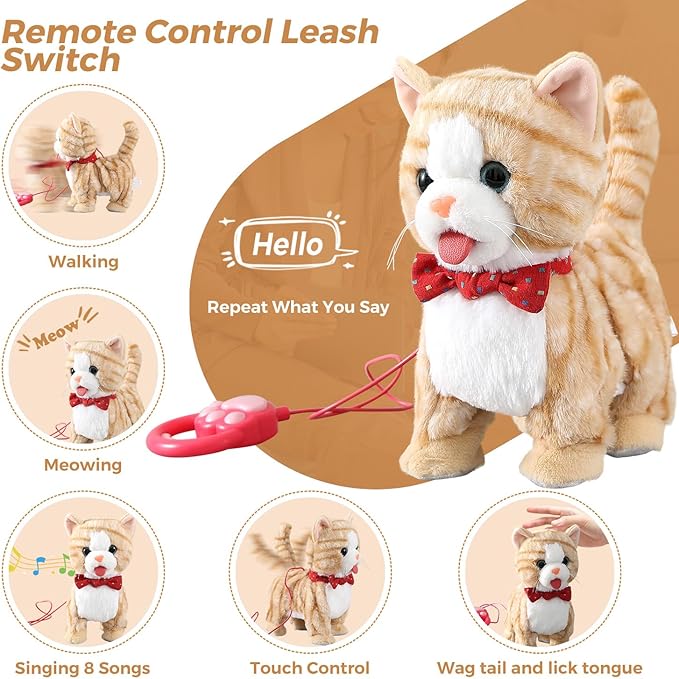 Yellow Pattern Leash Walking Cat Set Interactive Talking Toy Singing Dancing Kitten Mimicking Repeat What You Say Kitty Touch and Voice Control Nodding Wagging Tail Plush Electric Robot for Kid Girl
