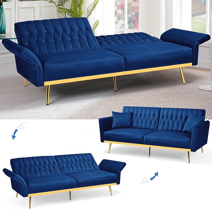 70” Velvet Futon Sofa Bed w/Adjustable Armrests and Backrest, Convertible Futon Couch w/2 Pillows, Modern Sleeper Bed for Living Room, Bedroom, Blue