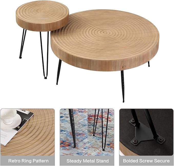 RUSTOWN Farmhouse Round Coffee Table Set of 2, Helical Ring Cocktail Table Set, Modern Circle Natural Wood Finsh Side and End Table Sets for Living Room, Natural