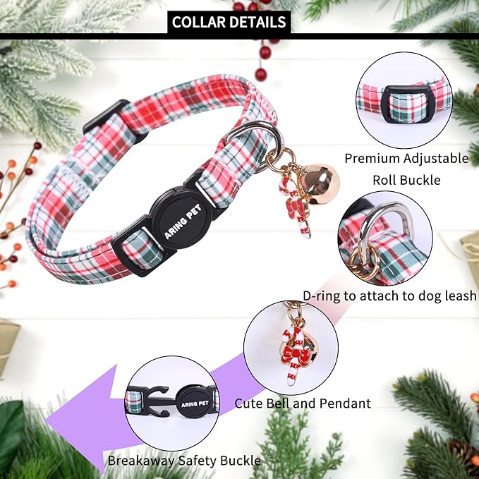 ARING PET 2 Pack Cat Collar, Christmas Breakaway Kitten Small Collars with Bells for Girl Boy Cats-Red Green Pink Plaid & Santa Claus