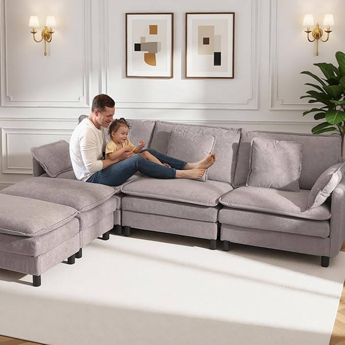 Claiks 148" Modular Sectional Sofa, Cloud Couch with Ottoman, U-Shaped 6-Seater Sofa in Chenille Fabric, Deep Seat Comfy Couch with Pillows for Living Room & Offices, Light Gray