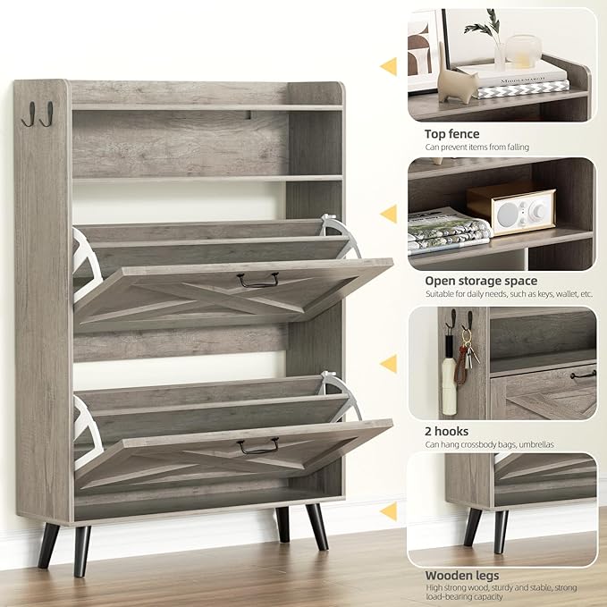 EOYUTLLY Shoe Cabinet with Bench, Shoe Organizer Cabinet with 2 Flip Drawers &