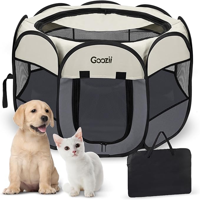 Goozii Pet Cat Playpen for Indoor Cats Enclosed, Puppy Dog Play Pen for Outdoor Travel Camping (Small Size, Beige & Dark Grey)