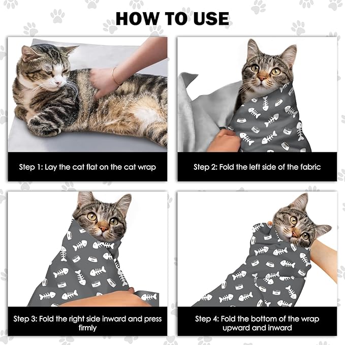 27.6"Cat Grooming Wrap, Self Adhesive Cat Wrap for Cutting Nails, Anti-Escape Calming Cat Swaddle Wrap for Medicine Ear Cleaning, Anti-Scratch Cats Burrito Restraint Blanket, Pet Tool Grey (6-10 lbs)