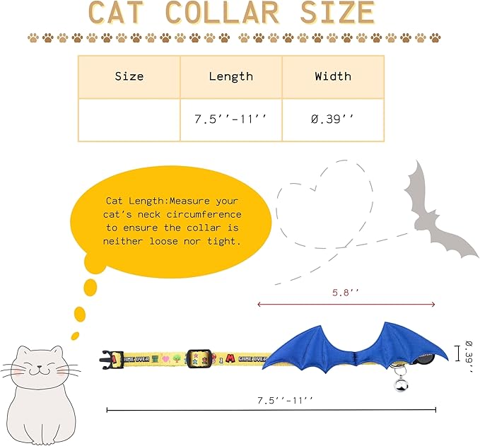 1 PC Bat Wing Cat Collar with Bell, Adjustable Kitten Collar with Safety Breakaway Buckle for Boy&Girl Cats, Halloween Christmas Cat Accessories for Kitten Puppy