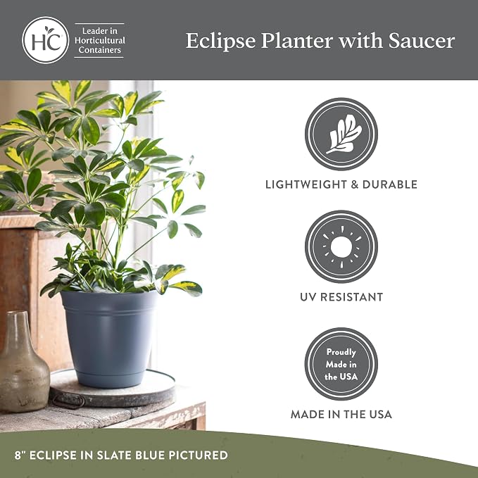 The HC Companies 12 Inch Eclipse Round Planter Pots with Drainage Holes & Attached Saucer, Lightweight UV-Resistant Plastic Indoor & Outdoor Planters, 2-Pack Flower Pots, Garden Home Decor, Slate Blue