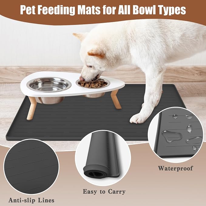 24"x16" Large Dog Food Mat, Silicone Dog and Cat Mats for Food and Water Bowls, Waterproof Raised Edge Pet Feeding Mat for Contain Spills Protects Floors, Multiple Colors & Sizes for Pets, Beige