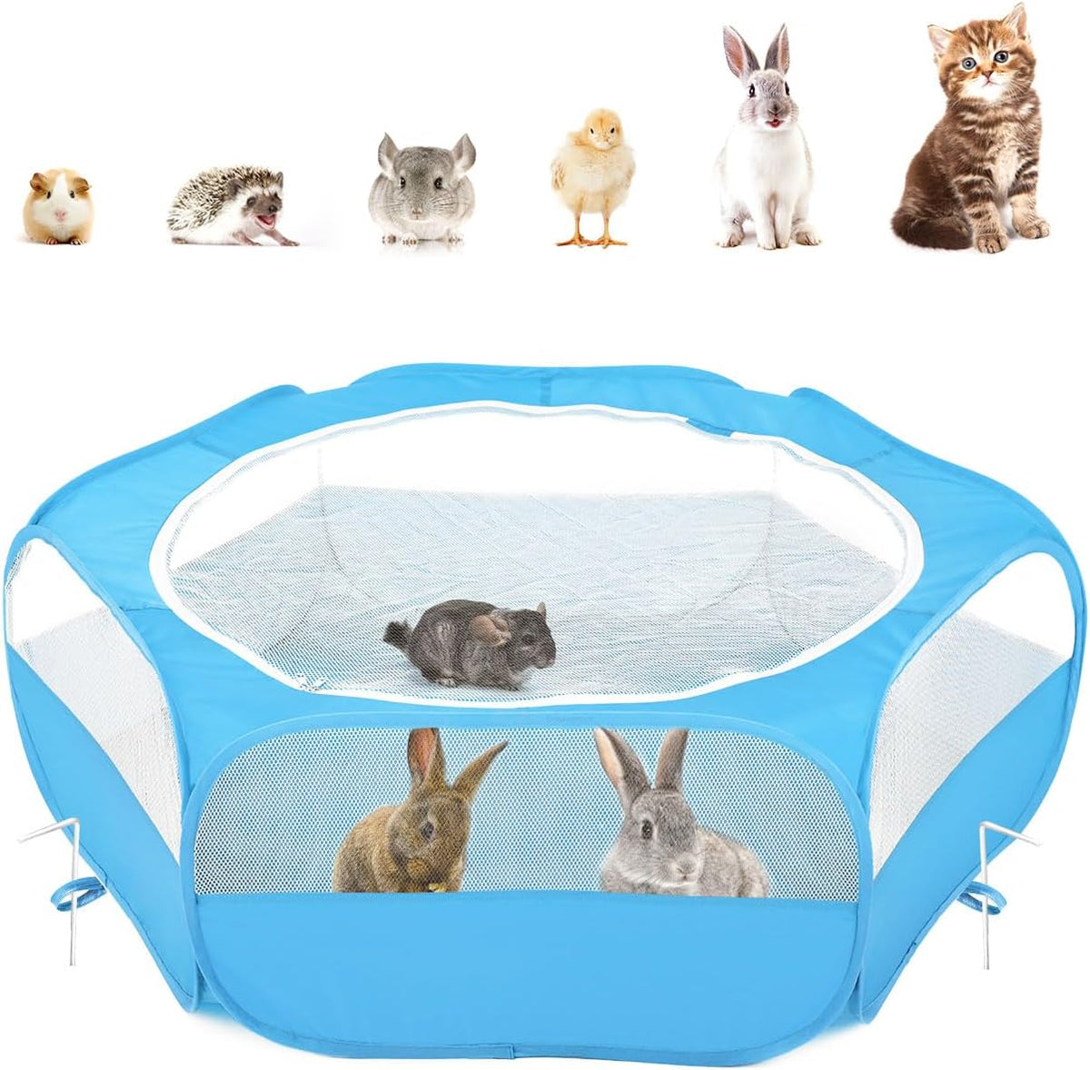 Pawaboo Small Animals Playpen, Waterproof Small Pet Cage Tent with Zippered Cover, Portable Outdoor Yard Fence with 3 Metal Rod for Chick/Kitten/Puppy/Guinea Pig/Rabbits/Hamster/Chinchillas,Light Blue