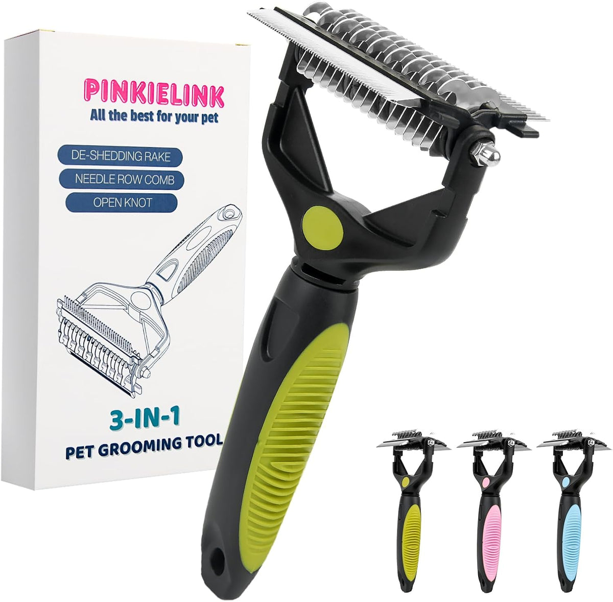 3-IN-1 Pet Grooming Tool - Undercoat Rake, Dematting Comb & Deshedding Brush for Cats & Dogs - Removes Mats, Tangles & Loose Fur, Reduces Shedding & Prevents Hair Mess (Green)