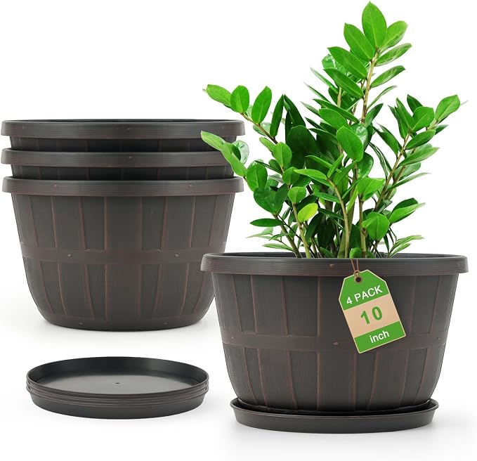 Quarut 10 inch Plastic Flower Pots for Outdoor Plants，4 Pack Large Outdoor Planter Pot with Drainage Holes & Saucers，Imitation Wine Barrel Design，for Indoor Outdoor Garden Plants（Brown）