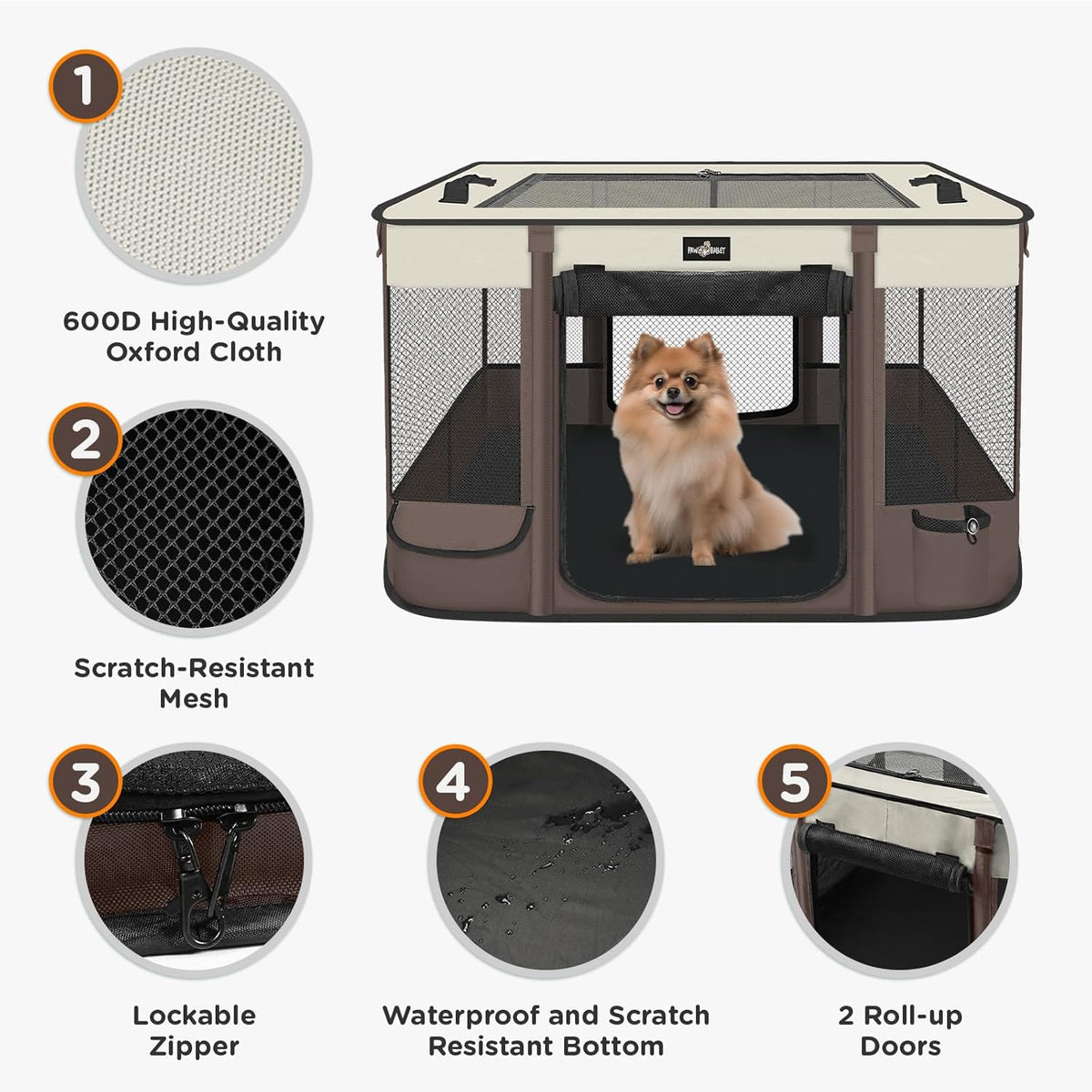Foldable Pet Kitten Playpen, Upgrade Waterproof Portable Cat Dog Playpen Kennel Tent for Small Dog Cat, Removable Shade Cover, Come with Free Carrying Case, Indoor Outdoor Use for Small Pet, Brown