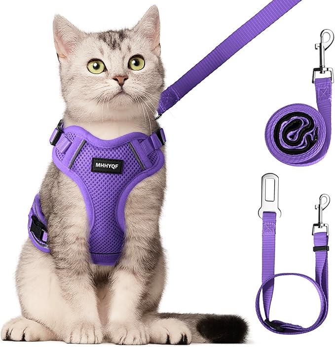 Cat Harness and Leash Set, Soft and Breathable Vest with Reflective Strip, Anti Escape Adjustable Cat Harness, Easy to Wear for Cats Walking and Traveling, Purple, M