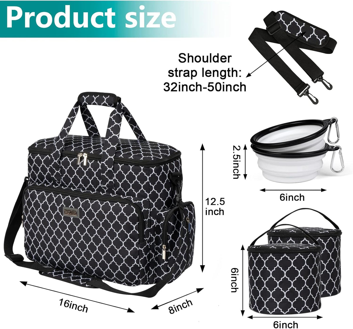 BAGLHER Dog Travel Bag, Pet Travel Bag (ALL Pet Travel Supplies), With 2 Pet Food Containers and 2 Collapsible Silicone Bowls; Essential Kits for Pet Travel DLblack
