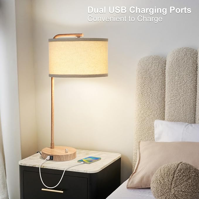 Farmhouse Table Lamp, Fully Dimmable Bedisde Nightstand Lamp with USB C+A Charging Ports, Modern Tall Table Lamp Desk Reading Lamp for Living Room, Bedroom, Office, 9W LED Bulb Included