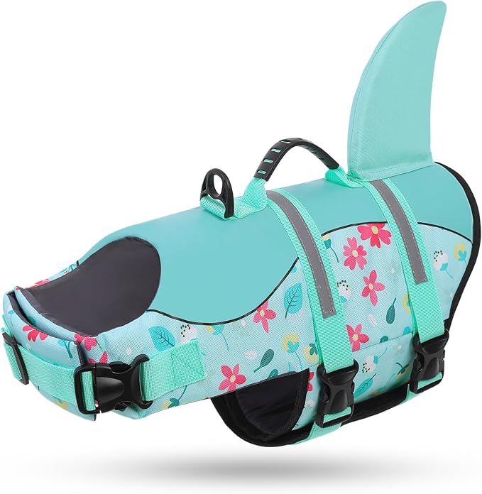 Dog Life Jacket, Dog Life Vest for Swimming, Doggie Shark Swimming Vest with Rescue Handle, Adjustable Reflective Pet Lifesaver Preserver for Small Dogs, Blue Flower S