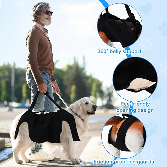 Shinylin Dog Carry Sling Emergency Backpack Pet Legs Support and Rehabilitation Dog Lift Harness Adjustable Lifting Straps Carrier for Senior Dogs Joint Injuries, Arthritis, Hiking, Skiing, Black(L)