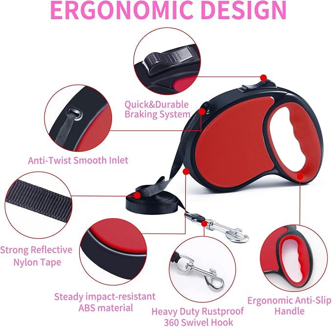 Retractable Dog Leash,[Strong Nylon Tape][One-Handed One Button Lock] for Small Medium Dogs and Cats,16ft Pet Walking Leash with 360°Tangle-Free Design,Anti-Slip Handle,Gift Package (Red)