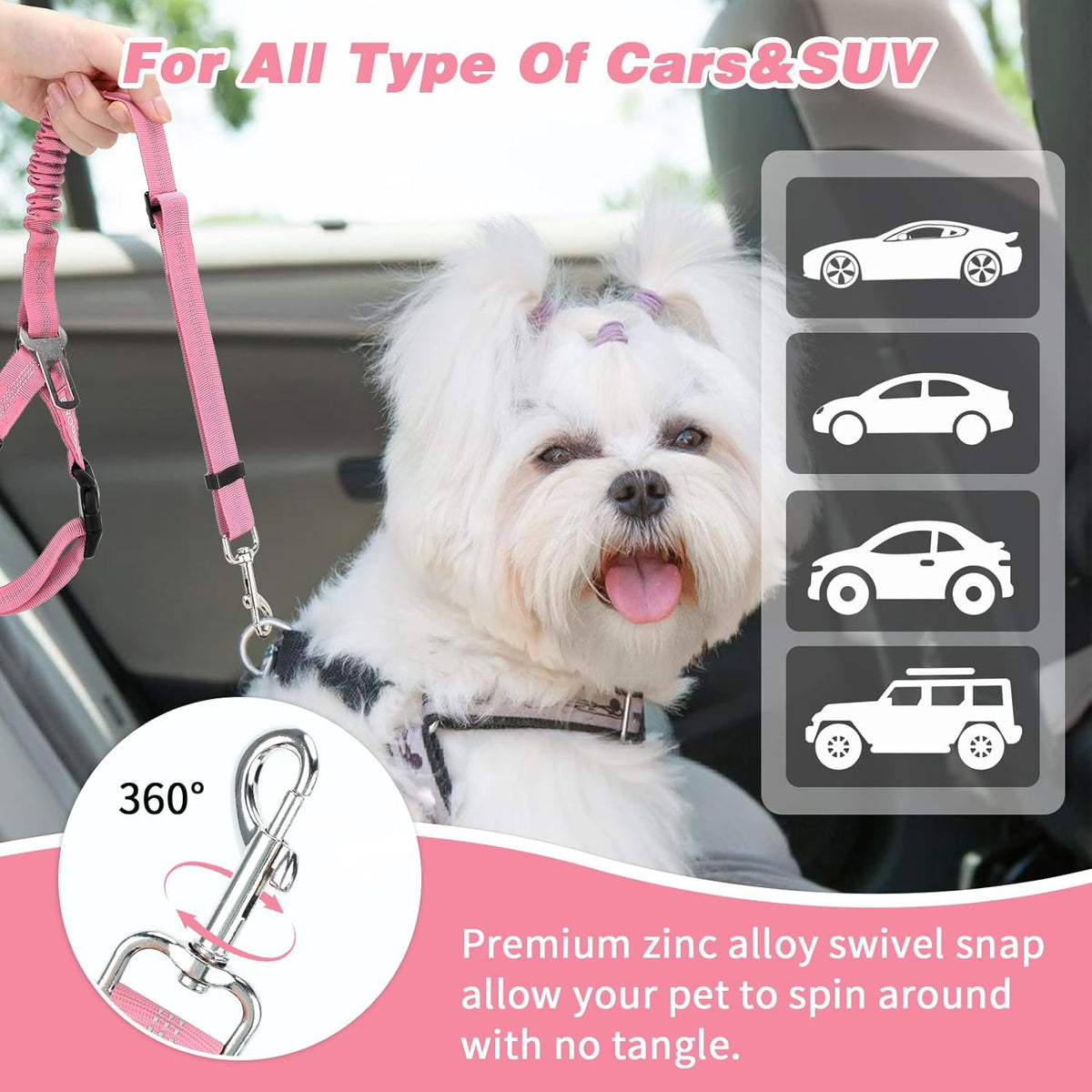 BWOGUE Pet Dog Cat Seat Belt Reflective Car Dog Headrest Restraint Leash Elastic Buffer Bungee Adjustable Tangle-Free Safety Leads Vehicle Seatbelt Harness for Small, Medium and Large Dogs (1 Pack)