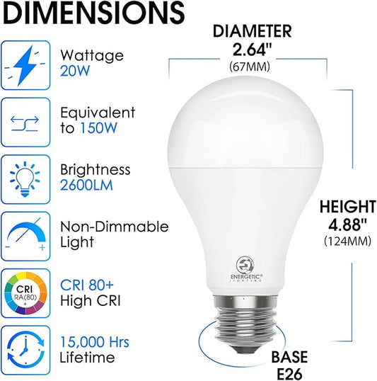 4 Pack 150 Watt Equivalent LED Light Bulb, Super Bright A21 Light Bulb, Cool White 4000K, 2600 High Lumens LED Bulb, Non-Dimmable, E26 Base, UL Listed