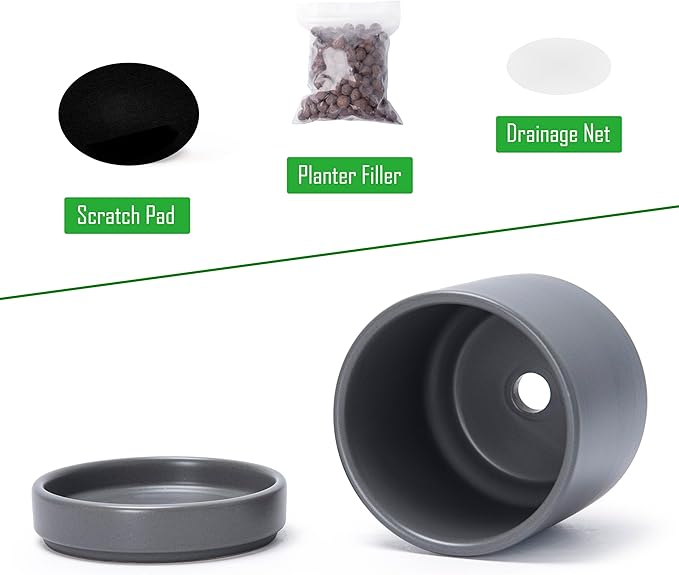 D'vine Dev Set of 2 Plants Pots, 4.7 Inch Ceramic Planter Pot for Plants with Drainage Hole and Saucer, Speckled Grey, 94-V-B-3