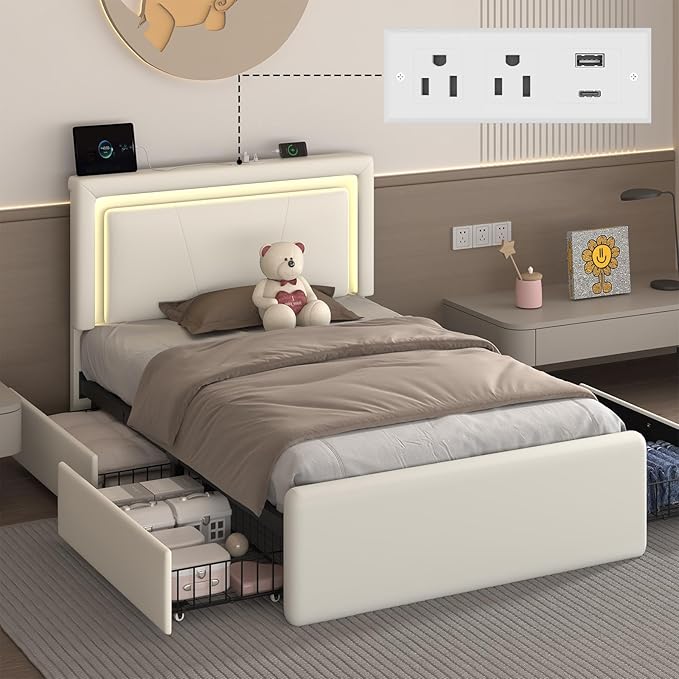 Twin Size Bed Frame with 4 Storage Drawers and LED Lights, Upholstered Platform Bed with Adjustable Headboard and Charging Station, Metal Slats Support, No Box Spring Needed,Easy Assembly, White